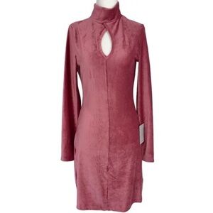 Dual Nature Keyhole Rib Velour Mock Neck LongSleeve Mini Mauve Dress, Sz S, NWT